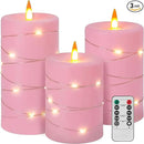 Rose Pink Flameless Candles with String Lights Battery Operated Flickering LED Pillar Candles 4‘’ 5‘’ 6‘’ Candle with Remote Control, Set of 3 by CozyNest Decor
