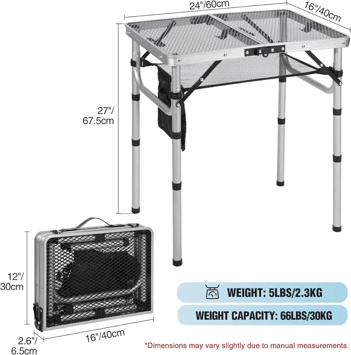 RedSwing Folding Grill Table, Lightweight Height Adjustable Aluminum Table with Mesh Desktop and Mesh Bag for Outdoor Camping Picnic BBQ, 2 Feet, Sliver, photo 3 of 6