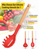 Silicone Pasta Fork and Ladle Spoon Set with Wooden Handle, Heat Resistant Non Stick Kitchen Utensils for Cooking, Stirring, Serving Spaghetti, Soup, Sauce(RED) by CozyNest Decor