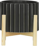 Sagebrook Home 8" Ceramic Planter - Black Planter Elevated on Wooden Stand with Fluted Design - for Indoor or Outdoor Plants, Great Gift Idea for Plant Lovers by GreenHaven Gardens