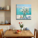Bathroom Decor Ocean Daisy Flower Canvas Wall Art Coastal Nautical Seashell Seascape Framed Picture Ocean Theme Seascape Painting Artwork for Bedroom Home Decoration Square Blue 14x14" by CozyNest Decor