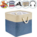 i BKGOO 3Pack Large Foldable Storage Bins，Collapsible Sturdy Cationic Fabric Organizing Storage Basket Cube with Cotton Handles for Home Office Shelf Clothes Toys Khaki-Blue 13×13×13 inch by CozyNest Decor