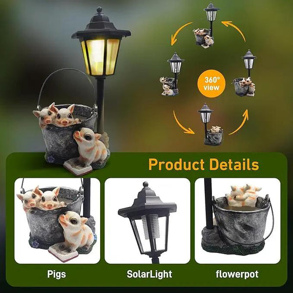 Outdoor Pigs Statues Solar Sculptures with Solar Lights and Flowerpot Funny Garden Decor Animal Figurines Resin Outdoor Statues for Patio Yard Lawn Balcony Gifts, photo 2 of 6