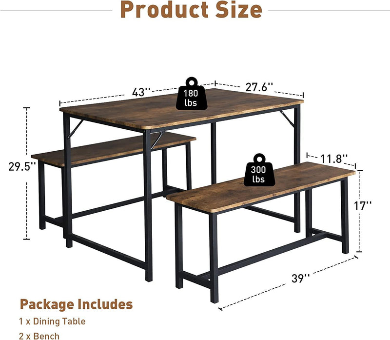 3 Piece Kitchen Table Set with 2 Benches, Wood Dining Table Set for 4 Space-Saving Dinette for Kitchen, Rustic Brown