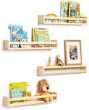 Fun Memories Nursery Book Shelves - Rustic Natural Solid Wood Floating Bookshelf for Kids - Wall Book Shelves for Kids Room (Natural, 24inch - 4P) by TinyTreasures Baby Boutique