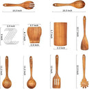 Teak Wooden Spoons for Cooking - 9 Pcs Comfort Grip Kitchen Utensil Set with Holder & Rest by CozyNest Decor