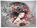 Japanese Geisha Tapestry Asian Red Cherry Blossom Red Sun Traditional Kimono Folk Tapestries Home Decor for Living Room Bedroom Apartment Farmhouse Dorm 40"x30" by CozyNest Decor