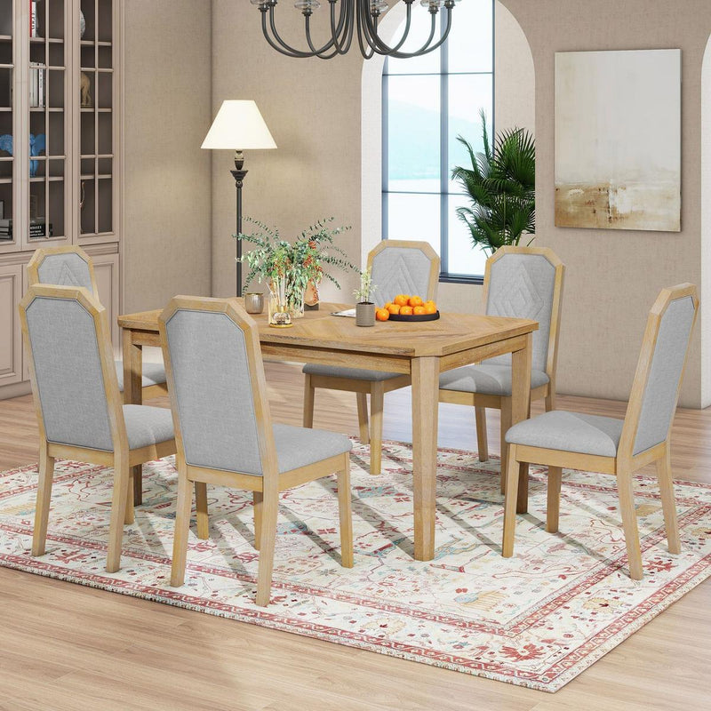 7-Piece Farmhouse Dining Set Classic Rustic Table and 6 high-back design Chairs for Dining Room, Kitchen (Natural Wood Wash)