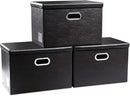 PRANDOM Large Foldable Storage Bins with Lids [3-Pack] Leather Fabric Collapsible Storage Boxes Organizer Containers Baskets Cube with Cover for Home Bedroom Closet Office Black(17.7x11.8x11.8) by TinyTreasures Baby Boutique
