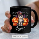 Personalized Halloween American Curl Ceramic Mug 11oz 15oz, Custom Name American Curl Wearing Witch Hat Coffee Cup, Cat with Pumpkins Halloween Black Cup, Spooky Cat Mug Gift for Pet Lover by TinyTreasures Baby Boutique