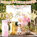 First Birthday Decorations Girl - 1st Birthday Baby Girl Decorations Include Balloons Box, Backdrop, Crown, Banner, High Chair Banner, Topper, Baby First One Year Old Girl Party Supplies by TinyTreasures Baby Boutique
