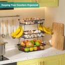3 Tier Fruit Basket for Kitchen Counter with 2 Banana Hangers, Countertop Metal Fruit Bowl with Wooden Handle, Large Storage Stand for Vegetables, Snacks, Breads, Produce Storage – Black by CozyNest Decor