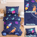 PERFEMET Toddler Bedding Set 4 Pieces Cartoon Dinosaur Planet Printed Bed in A Bag for Boys Girls Reversible Navy Blue Toddler Comforter with Sheet Set for All Season(Navy, Dinosaur/Planet/Rocket) by TinyTreasures Baby Boutique