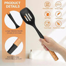 Large Silicone Cooking Spoon Set, 2 Pack Solid Slotted Spoon with Wooden Handle, Nonstick Silicone Kitchen Spoons for Cooking, Heat Resistan Spatula Set for Serving, Basting, Mixing (Black) by CozyNest Decor