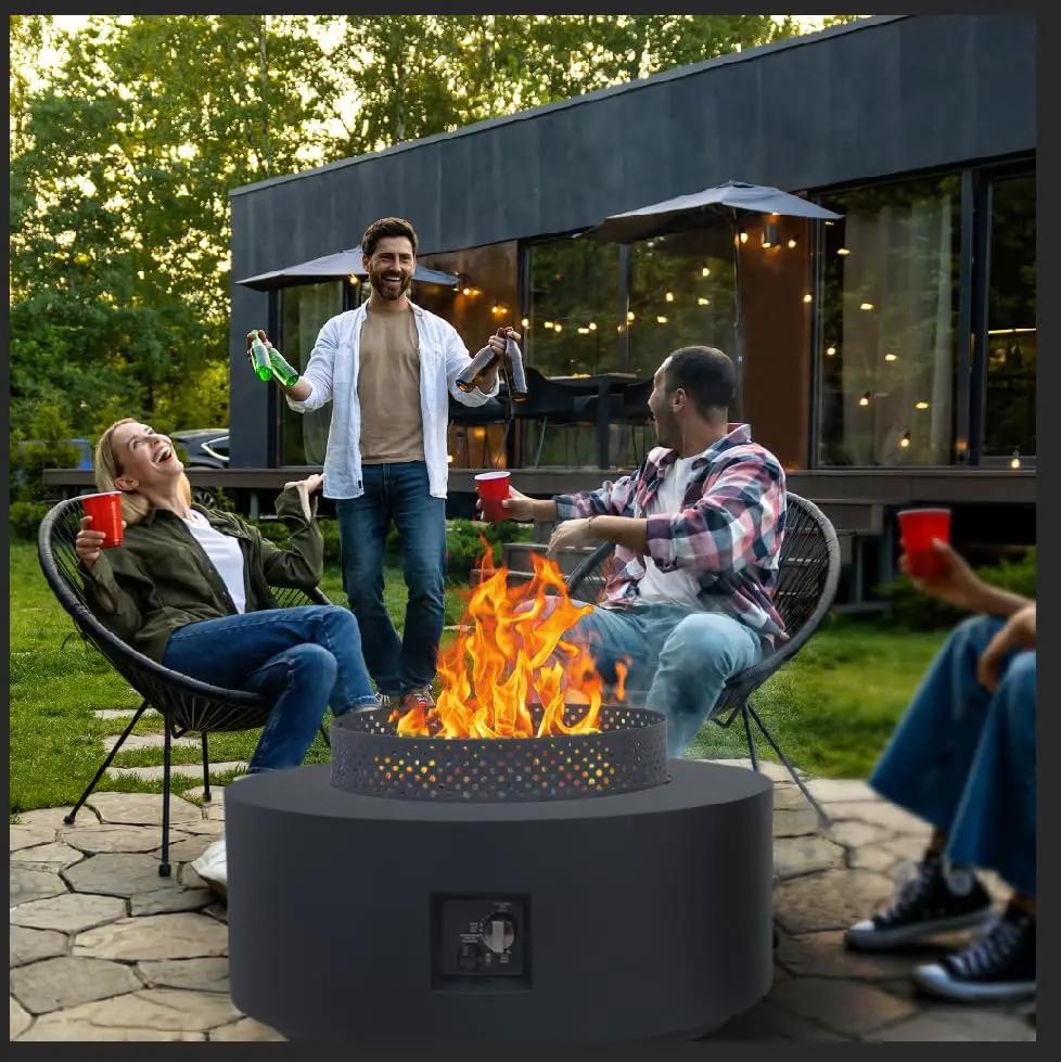 3-Piece Outdoor Fire Pit Table, 32 Inch Propane Fire Table 65,000 BTU Black Round Gas Firepit, Baking Sheet, Wind Guard and 16 inches Tank Side Table for Deck, Backyard and Pool, Black, photo 6 of 6