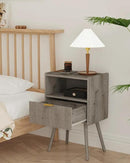 Nightstand,Modern Bedside Table with Storage Drawer and Open Wood Shelf, Accent Night Stand with Solid Wood Legs for Living Room, Bedroom and Small Spaces,Easy Assembly (Grey Oak) by CozyNest Decor