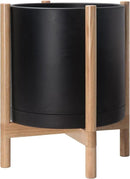 D'vine Dev Planter Pot with Stand - 16 Inch Plastic Cylinder Flower Pot with Wood Planter Holder for Indoor, Matte Black Pot + Natural Stand, 55-C-Y-2 by GreenHaven Gardens