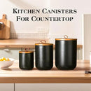 JOJUNO Black Ceramic Canister Set with Wooden Lid, 3-Piece Airtight Food Storage Jars for Kitchen Counter - Flour, Sugar, Coffee, Tea, Spice - Small, Medium, Large Sizes by CozyNest Decor
