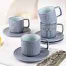 Large Cappuccino Cups with Saucers Set of 4, 8 Ounce Stackable Embossed Ceramic Coffee Mugs for Specialty Coffee Drinks, Latte, Cafe Mocha and Tea, Dishwasher & Microwave Safe (Blue) by CozyNest Decor