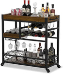 Bar Cart Industrial Kitchen Serving Carts for Home 3 Tier Storage Trolley with Wine Rack Glasses Holder Two Portable Trays Universal Casters with Brakes Rustic Rolling Cart Alcoholic Beverage by CozyNest Decor