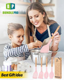 Pack of 4 Silicone Cooking Utensils Set, Non Stick Solid Spatulas and Heat Resistant Slotted Spoons with Wooden Handle, Ideal Wood Kitchen Utensils Set for Frying,Serving,Turning,Stirring (PINK) by CozyNest Decor