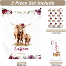 Custom Name Crib Bedding Set - Highland Cow Theme, Personalized Rose Floral Nursery Bedding 3-Piece Set– Soft Blanket, Fitted Sheet, Changing Pad Cover – for Newborns Girls Nursery Gifts by TinyTreasures Baby Boutique