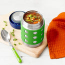 LunchBots Thermal 12 oz Triple Insulated Thermos - Hot 6 Hours or Cold 12 Hours - Leak Proof Thermos Soup Jar - All Stainless Interior - Navy Lid - Green Dots by TinyTreasures Baby Boutique