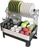 BOOSINY Extra Large Stainless Steel Dish Drying Rack, 2 Tier Dish Racks for Kitchen Counter, Dish Drainer with Drainboard Set, Full Size Dish Dryer Rack with Utensil Holder, Black by CozyNest Decor