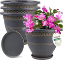 10 Inch 4 Pack Large Plant Pots, Plastic Flower Pot for Indoor & Outdoor with Drainage Holes & Saucer, Plaid Pattern Planters Garden Pots for Herbs by CozyNest Decor