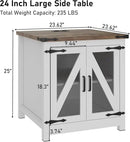 Farmhouse End Table, 24" Large Sofa Side Table with Charging Station, Mesh Barn Door, and Adjustable Storage Shelf, Rustic Wood Square Nightstand for Living Room, Bedroom, Office, White &Brown by CozyNest Decor