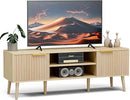 TV Stand for Living Room, Boho Entertainment Center for 55/60/65 inch TVs, Media Console with Fluted Door Cabinets and Open Shelves, for Bedroom, Oak by CozyNest Decor