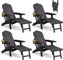 Adjustable Backrest Folding Adirondack Chair Set of 4, Adirondack Chair with Retractable Ottoman, Weather Resistant Fire Pit Chair with 2 Cup Holders, for Porch Backyard Outdoor Lawn, Black by GreenHaven Gardens