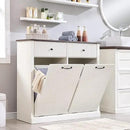 Modern Double Tilt-Out Trash Cabinet, 20 Gallon Fluted Laundry Hamper Cabinet w/2 Drawers, Wooden Hidden Garbage Can Cabinets with Storage Basket,Free Standing for Kitchen & Living Room, White by CozyNest Decor