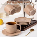 Large Cappuccino Cups with Saucers Set of 4, 8 Ounce Stackable Embossed Ceramic Coffee Mugs for Specialty Coffee Drinks, Latte, Cafe Mocha and Tea, Dishwasher & Microwave Safe (Brown) by CozyNest Decor