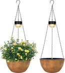 2 Packs Hanging Planters Basket for Outdoor Plants, Solar Powered Self Watering Bronze Round Plastic Flower Pots with Drainer for Balcony Patio Garden Outdoor Decoration by CozyNest Decor