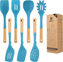 Silicone Kitchen Utensil Set for Non Stick Cookware, 7 Pcs Heat Resistant Cooking Utensils with Wooden Handle, BPA Free Kitchen Tools with Spatulas, Spoons, Skimmer and Pasta Fork (BLUE) by CozyNest Decor