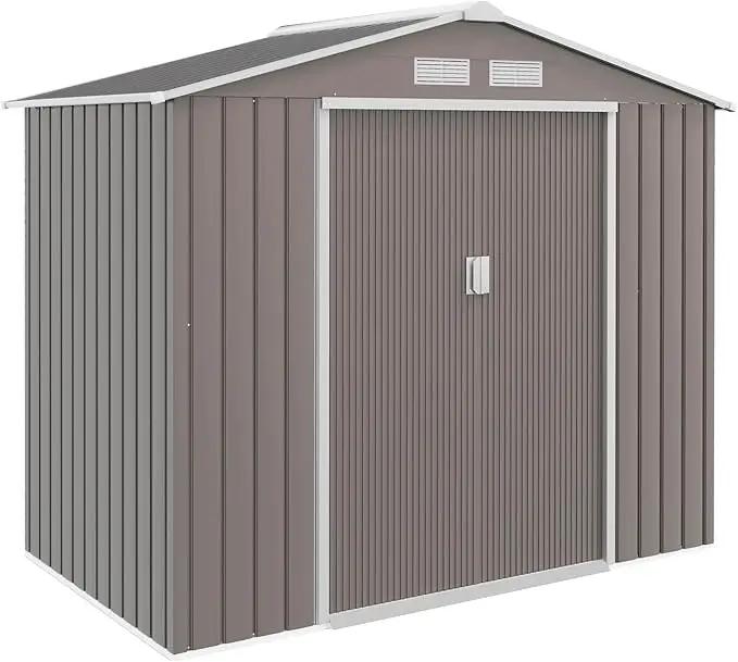 Outsunny 7' x 4' Outdoor Storage Shed, Garden Tool Metal Shed with Foundation Kit, Double Lockable Door, Air Vents and Sloping Roof, for Backyard, Patio, Lawn, Gray, photo 4 of 4