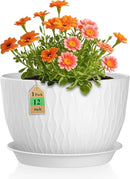 12 Inch Large Plant Pots for Indoor or Outdoor Plants, Wide Water Ripples Flower Pots with Drainage Holes & Saucer, Plastic Planters Set for Garden & Home Decor (White) by GreenHaven Gardens