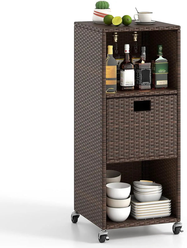 Tangkula Rattan Outdoor Storage Cabinet, Patiojoy Outdoor Wicker Cabinet with 3 Shelves, 1 Removable Drawer, 4 Wheels, Patio Storage Deck Box Cart for Backyard Poolside Porch (Mix Brown)