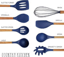 Country Kitchen Non Stick Silicone Utensil Set with Rounded Wood Handles for Cooking and Baking, 8 Piece Set, Navy by CozyNest Decor