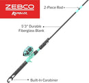 Zebco Rambler Fishing Reel and Rod Combo, Durable Fiberglass Rod with Built-in Carabiner, Patented No-Tangle Reel, Pre-Spooled with 8-Pound Zebco Fishing Line by TinyTreasures Baby Boutique