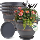 4 Pack 12 Inch Large Plant Pots, Plastic Flower Pot for Indoor & Outdoor with Drainage Holes & Saucer, Plaid Pattern Planters Garden Pots for Herbs Bronze by CozyNest Decor