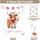 Custom Name Crib Bedding Set - Highland Cow Theme, Personalized Pink Flower Nursery Bedding 3-Piece Set– Soft Blanket, Fitted Sheet, Changing Pad Cover – for Newborns Girls Nursery Gifts by TinyTreasures Baby Boutique