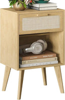Rattan Nightstand with Opening Storage,Boho Bedside Table with Drawer,Wood Nightstand with Solid Wood Legs,End Side Table for Living Room,Bedroom,Small Space Natural CTG62Y by CozyNest Decor