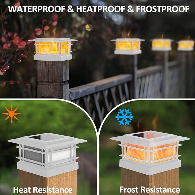 Dynaming 8 Pack Solar Flame Post Lights Outdoor, Solar Powered Fence Post White Shell Cap Light, High Brightness Flickering Flame LED Lighting for Garden Deck Patio, Fit 4x4 5x5 6x6 Vinyl/Wooden Posts, photo 9 of 9