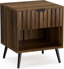 Smuxee Walnut Wooden Night Stand, Mid Century Nightstand with Fluted Drawer, Bedside Table with Open Shelf, Modern End Side Table for Bedroom by CozyNest Decor