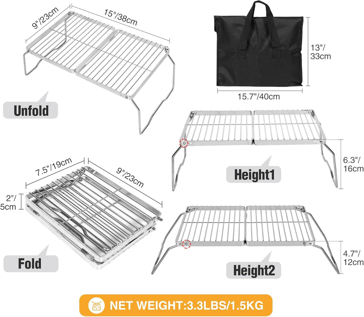 REDCAMP Folding Campfire Grill 304 Stainless Steel Grate, Adjustable Height Portable Camping Grill with Carrying Bag for Outdoor Cooking BBQ, photo 2 of 6
