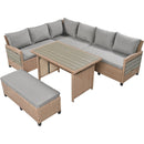 5-Piece Outdoor Patio Rattan Sofa Set, Sectional PE Wicker L-Shaped Garden Furniture Set with 2 Extendable Side Tables, Dining Table and Washable Covers for Backyard, Poolside, Indoor, Brown