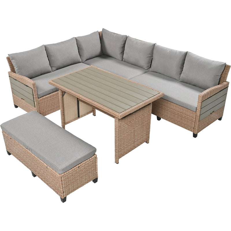 5-Piece Outdoor Patio Rattan Sofa Set, Sectional PE Wicker L-Shaped Garden Furniture Set with 2 Extendable Side Tables, Dining Table and Washable Covers for Backyard, Poolside, Indoor, Brown