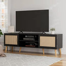 TV Stand for TVs up to 65'', Entertainment Center with Rattan Door, Shelves & 2 Cabinets, Boho Media TV Console for Living Room, Bedroom, Black by CozyNest Decor